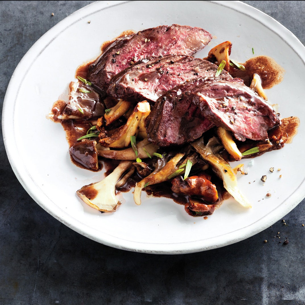 Hanger Steak with Mushrooms and Red Wine Sauce Recipe | Epicurious