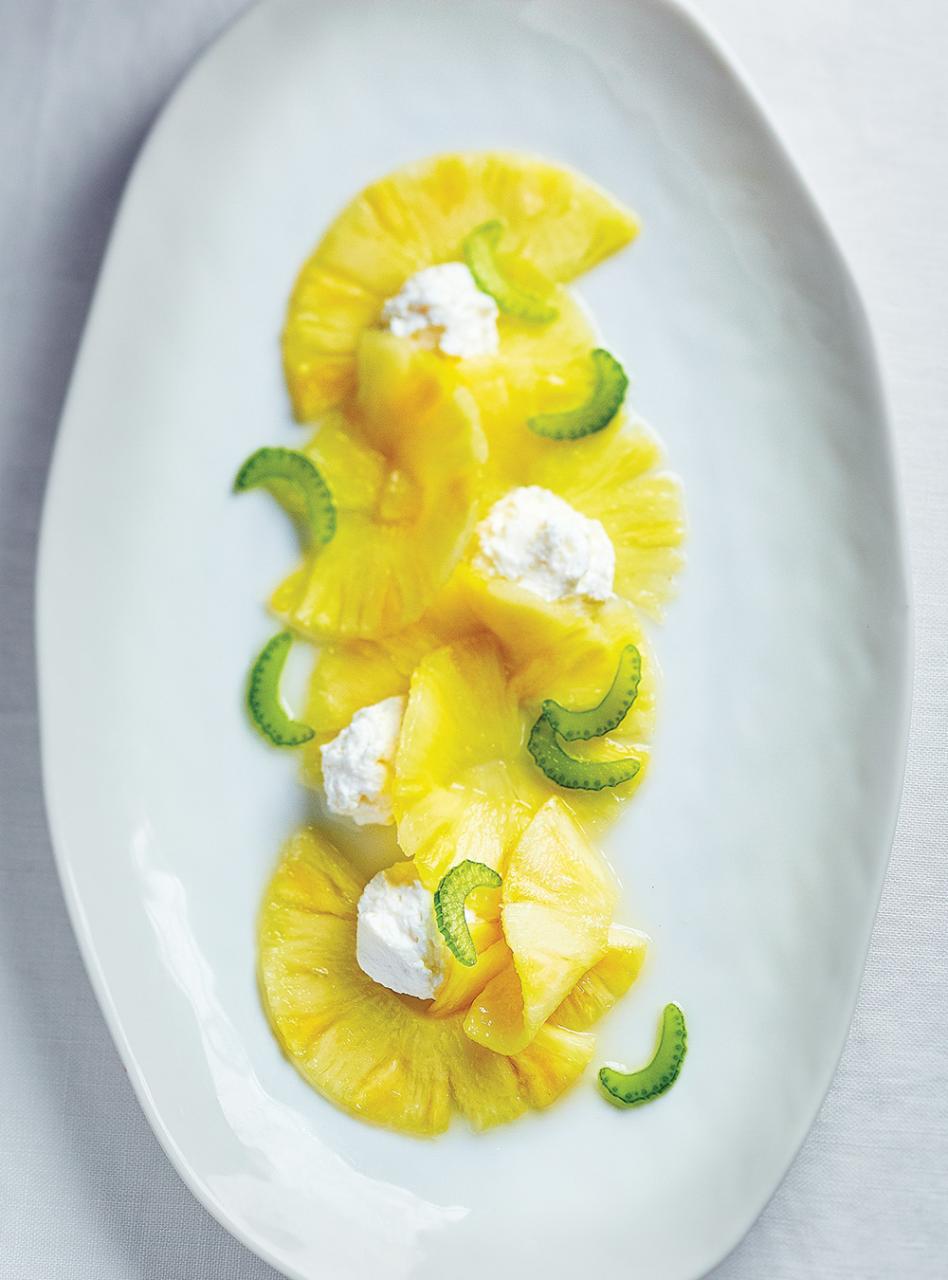Pineapple Carpaccio with Ricotta Cream and Candied Celery | RICARDO