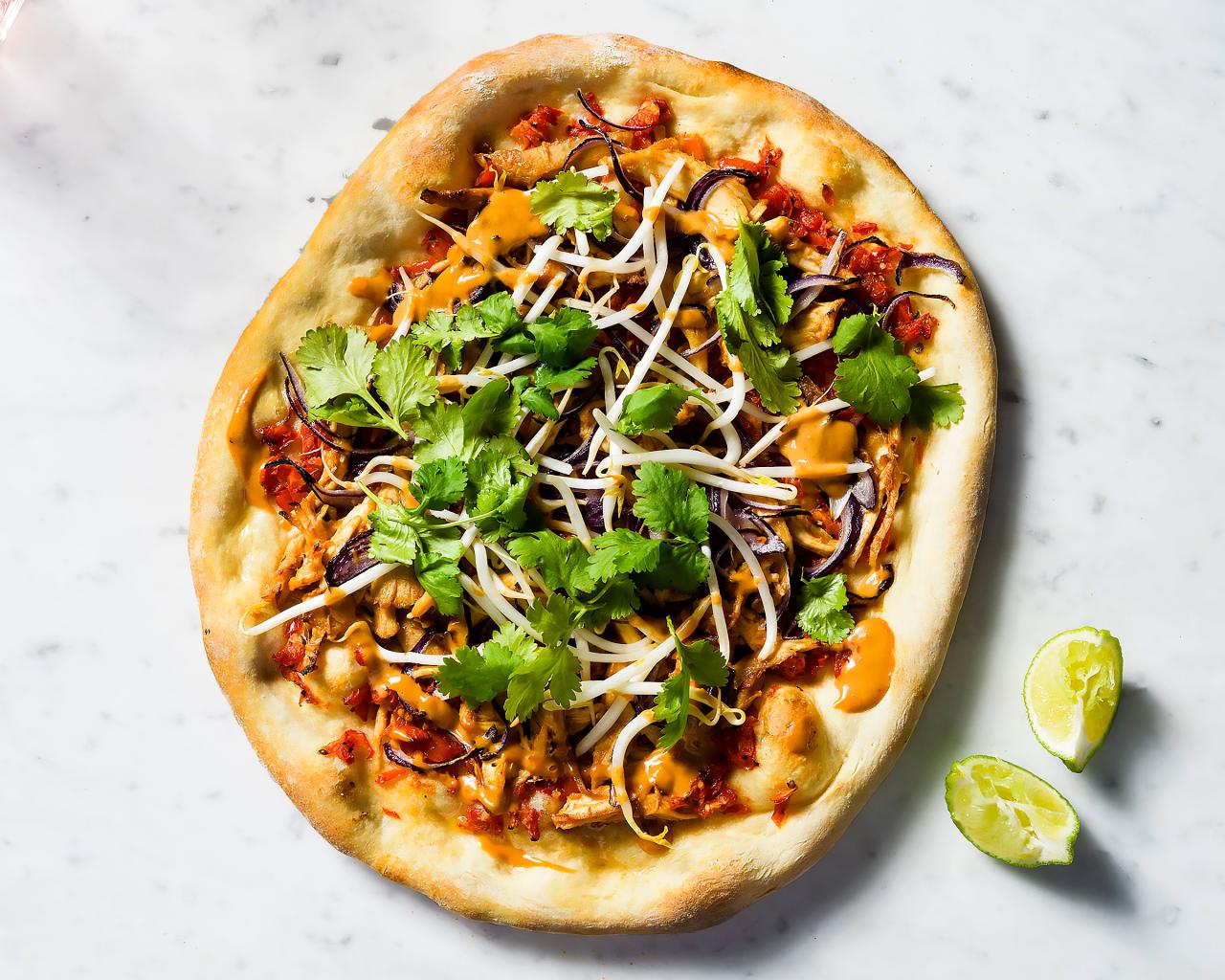 Best Brazilian-Style Thai Chicken Pizza with Bean Sprouts and Peanut Sauce