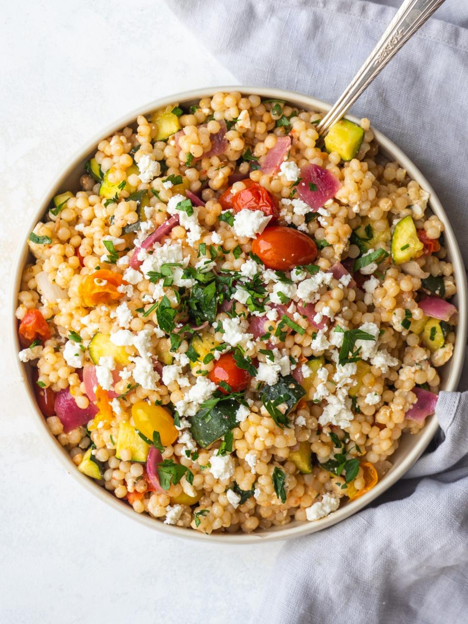 Couscous Salad Recipe made with Roasted Veggies and Pearl Couscous