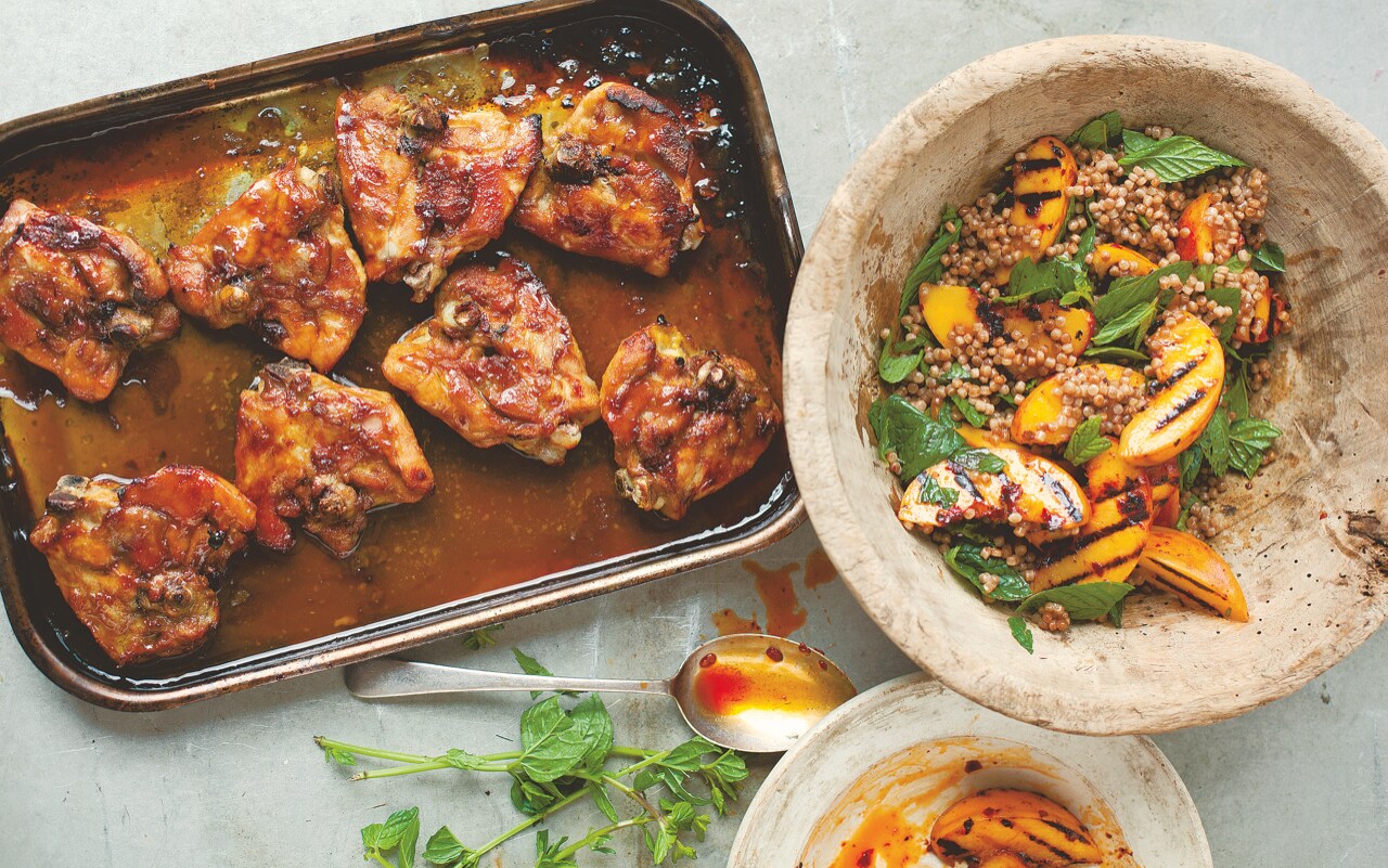 Israeli chicken with moghrabieh, harissa-griddled peaches and mint recipe