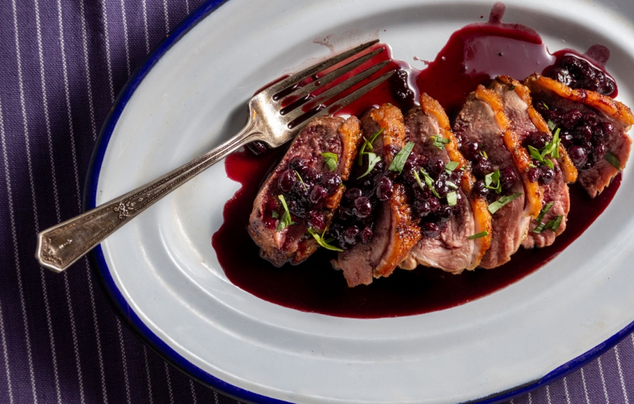 Seared duck breast with wild blueberries