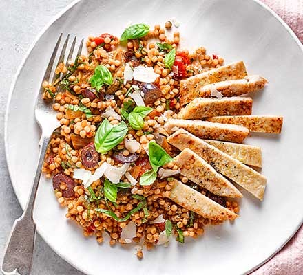 Turkey escalopes & giant couscous recipe | BBC Good Food