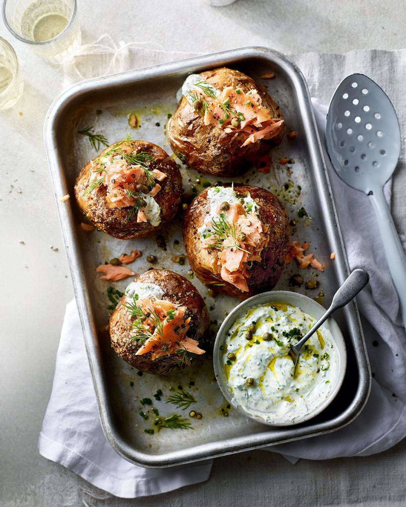 Baked potatoes with smoked salmon and soured cream