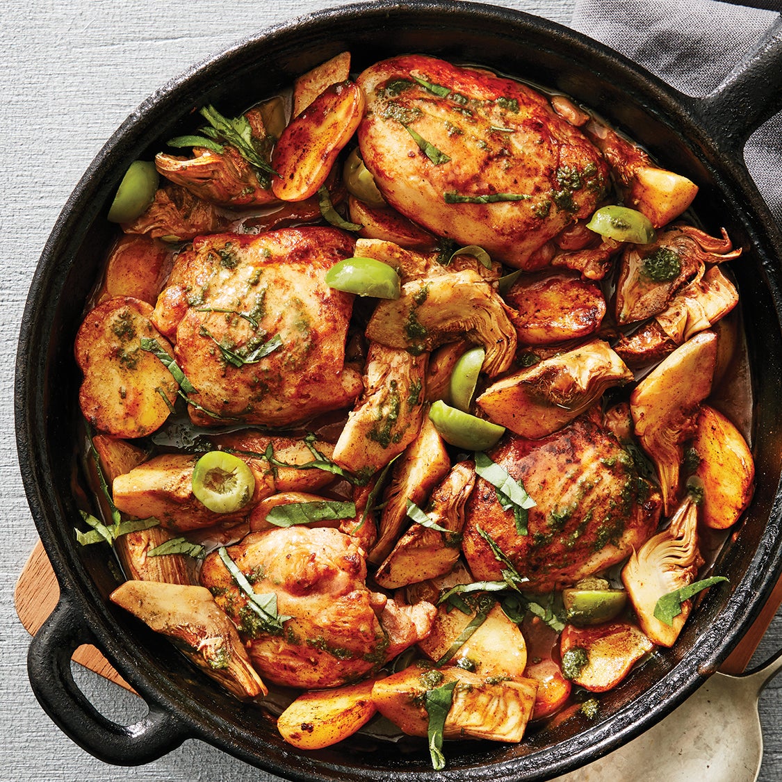 Smoky Braised Chicken & Artichokes with Olives & Basil Purée Recipe